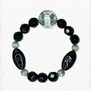 4632u. Glass Stretch Black and Silvertone Beaded Bracelet